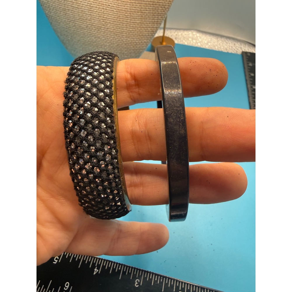 Vintage Black Glitter Mesh Gold Tone Cuff and Solid Black Resin Bangle Set